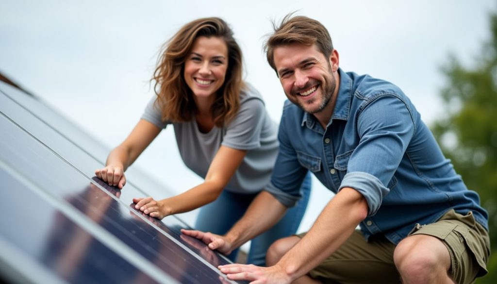 Couple on the roof installing Solar Panels in nova scotia