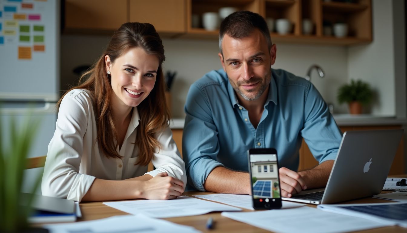 A couple in their 40s sits at a cluttered kitchen table, focused on paperwork and laptops.