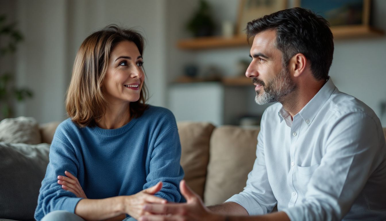 A middle-aged couple discussing energy-efficient home upgrades in their living room.