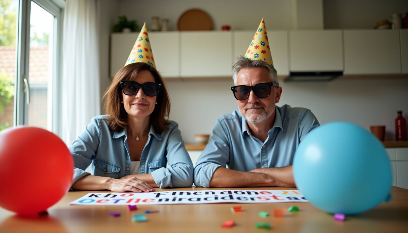 A middle-aged couple with party hats discuss solar financing options.