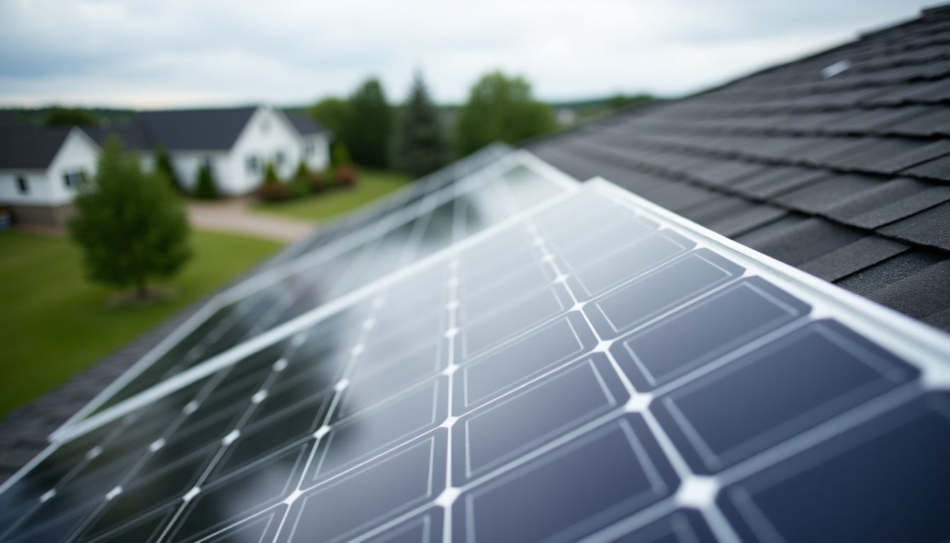 A rooftop solar panel array in Nova Scotia on overcast day.