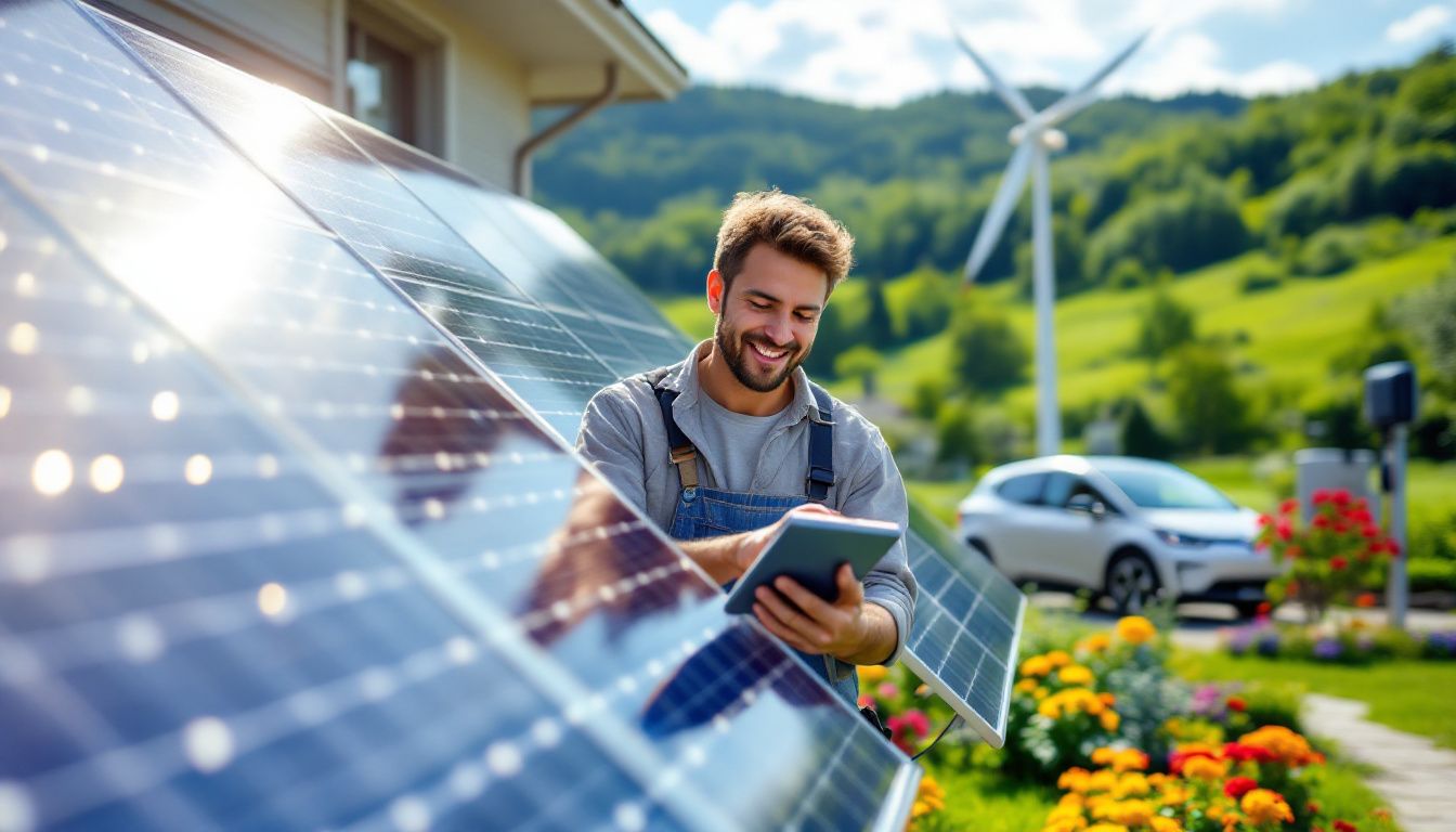 A DIY enthusiast in Nova Scotia examines a solar meter in a sustainable living setting.