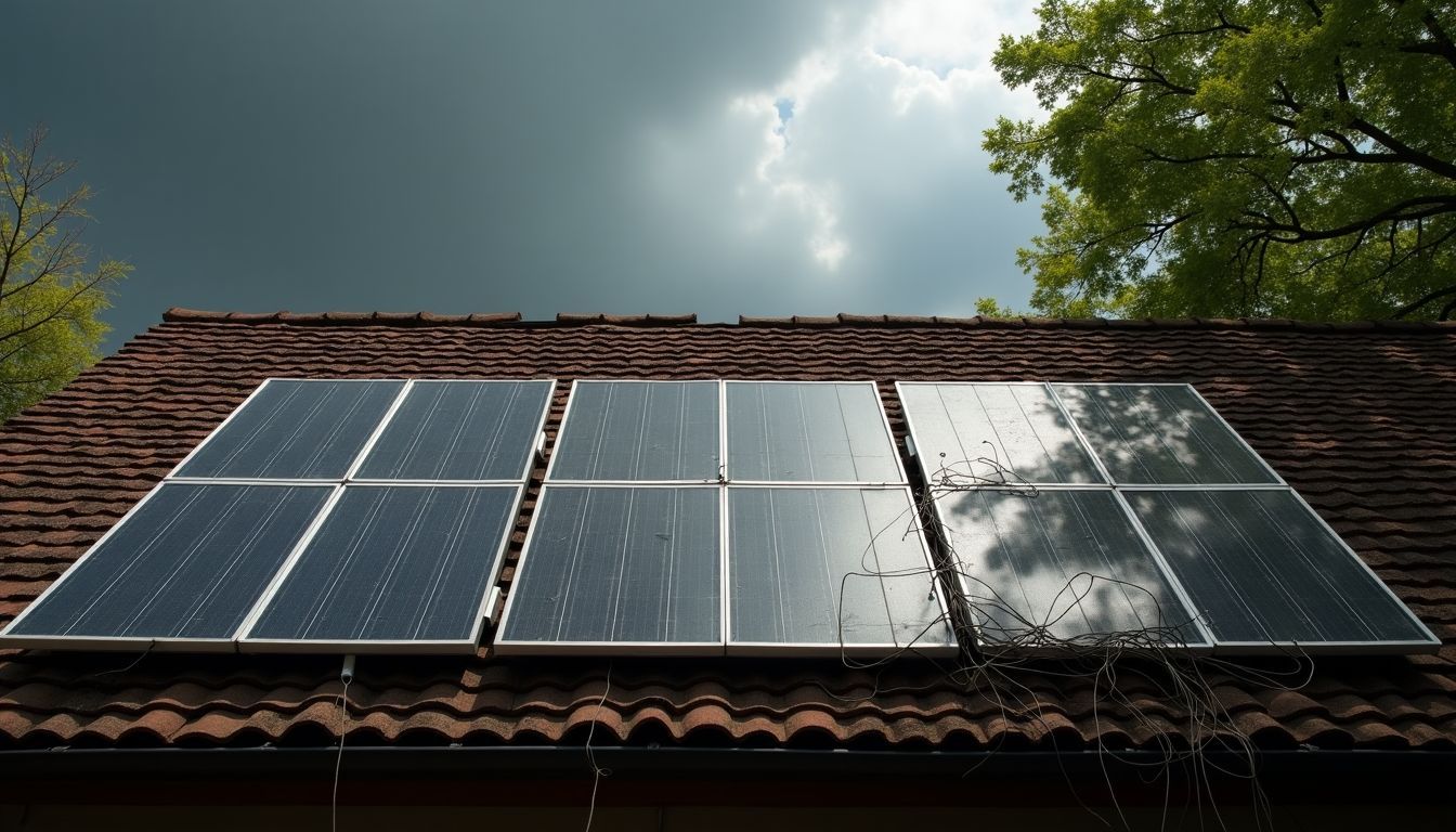 A distressed roof with neglected solar panels under stormy skies.