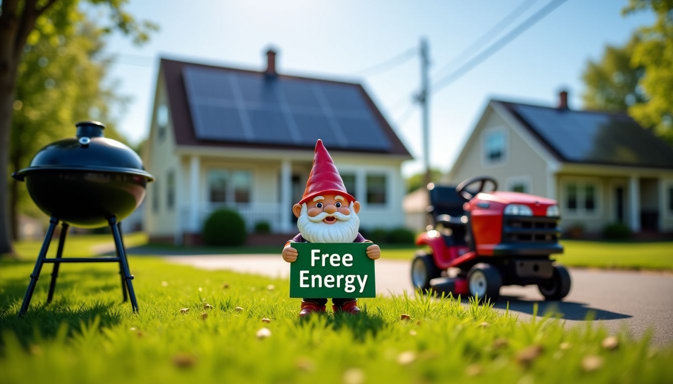 A residential street in Nova Scotia with a solar-paneled home and playful garden decorations.