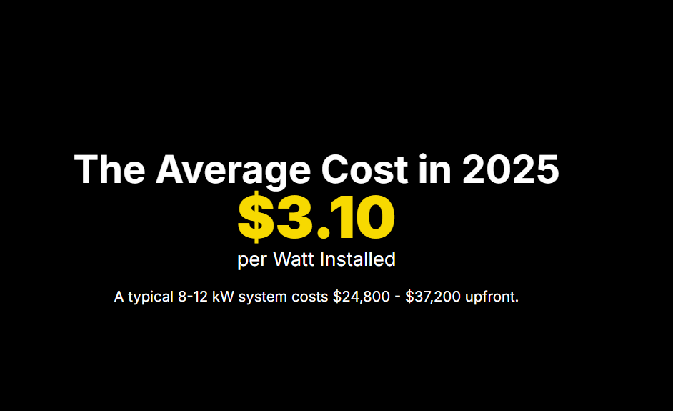 The Average Cost in 2025
$3.10

per Watt Installed

A typical 8-12 kW system costs $24,800 - $37,200 upfront.