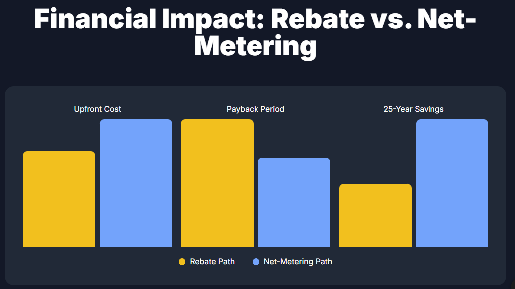 Financial Impact: Rebate vs. Net-Metering
Upfront Cost
Payback Period
25-Year Savings
Rebate Path

Net-Metering Path