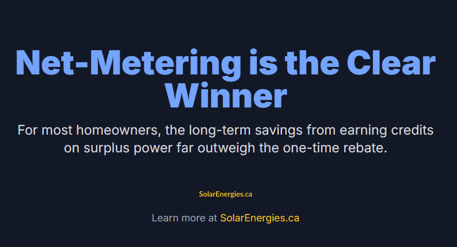 Net-Metering is the Clear Winner
For most homeowners, the long-term savings from earning credits on surplus power far outweigh the one-time rebate.

SolarEnergies.ca Logo
Learn more at SolarEnergies.ca