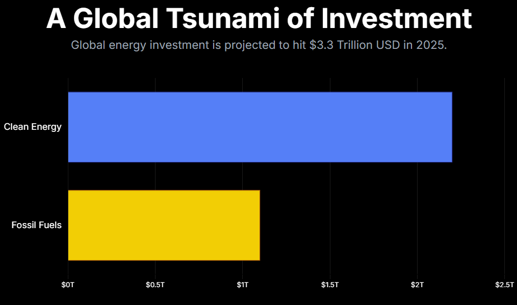 A Global Tsunami of Investment
Global energy investment is projected to hit $3.3 Trillion USD in 2025.