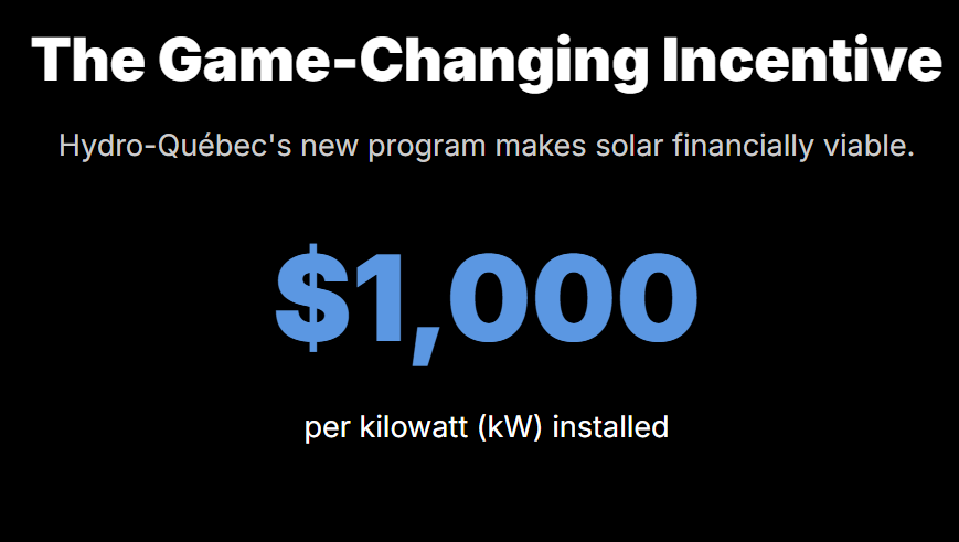 The Game-Changing Incentive
Hydro-Québec's new program makes solar financially viable.

$1,000
per kilowatt (kW) installed