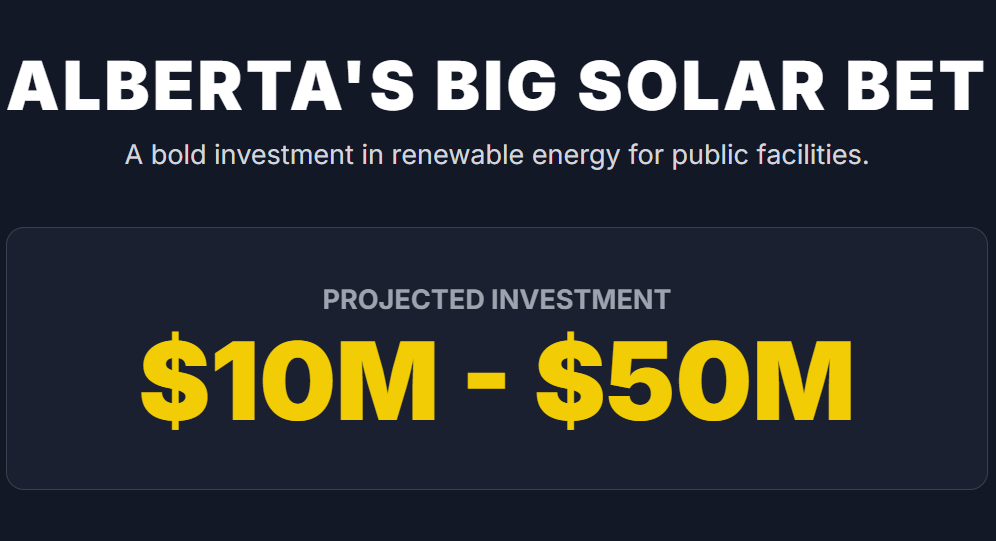 Alberta's Big Solar Bet
A bold investment in renewable energy for public facilities.

PROJECTED INVESTMENT

$10M - $50M