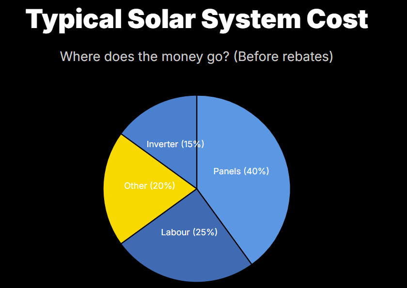 Typical Solar System Cost
Where does the money go? (Before rebates)

Panels (40%)
Inverter (15%)
Labour (25%)