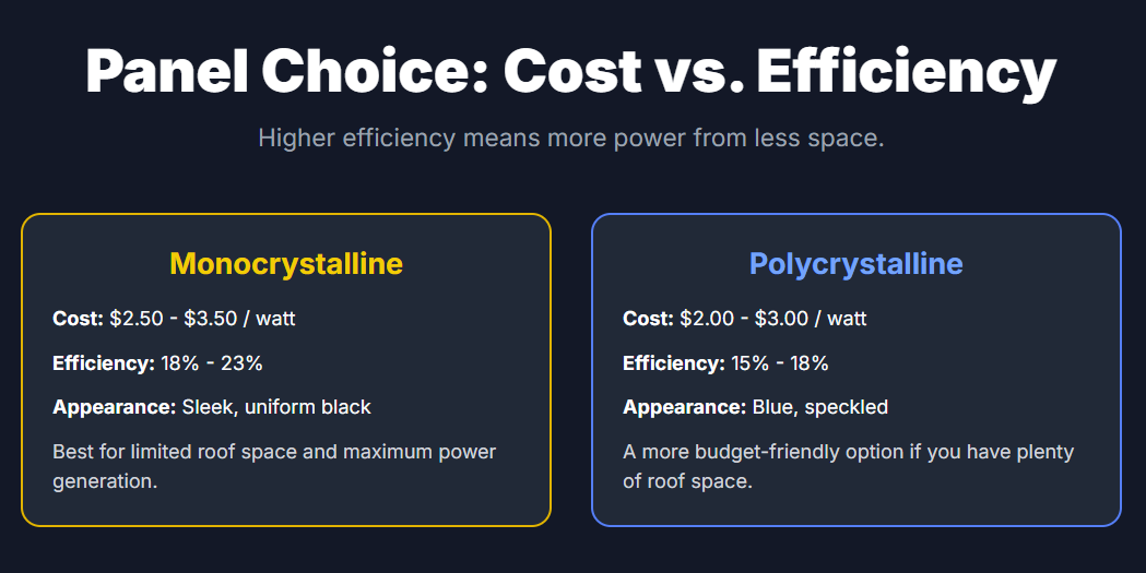 Panel Choice: Cost vs. Efficiency
Higher efficiency means more power from less space.
Monocrystalline
Cost: $2.50 - $3.50 / watt
Efficiency: 18% - 23%
Appearance: Sleek, uniform black
Best for limited roof space and maximum power generation.
Polycrystalline
Cost: $2.00 - $3.00 / watt
Efficiency: 15% - 18%
Appearance: Blue, speckled
A more budget-friendly option if you have plenty of roof space.