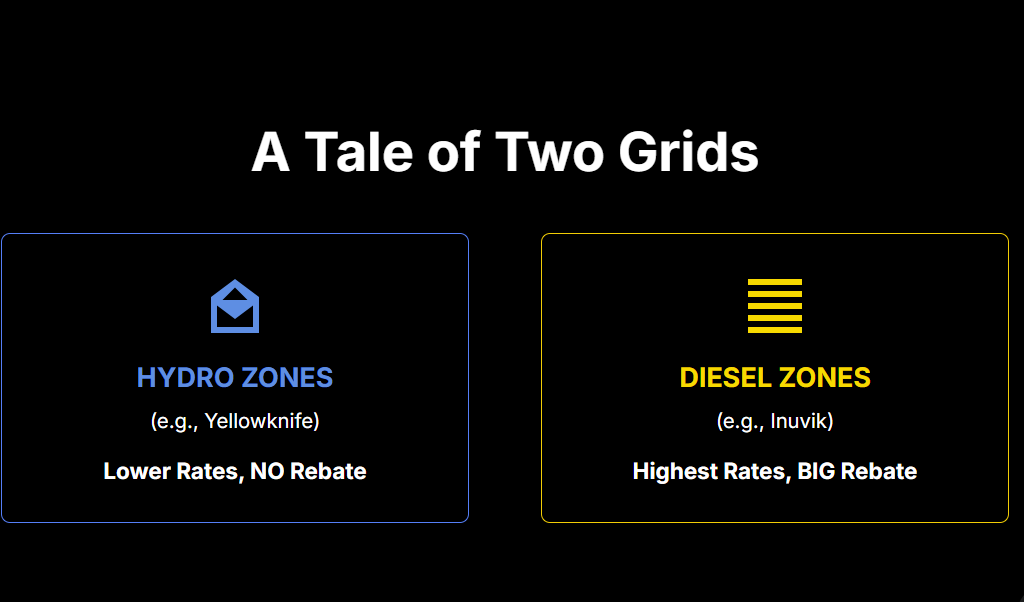 A Tale of Two Grids
HYDRO ZONES
(e.g., Yellowknife)

Lower Rates, NO Rebate

DIESEL ZONES
(e.g., Inuvik)

Highest Rates, BIG Rebate