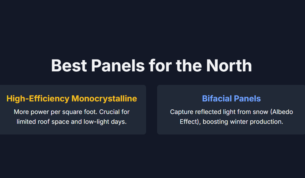 Best Panels for the North
High-Efficiency Monocrystalline
More power per square foot. Crucial for limited roof space and low-light days.

Bifacial Panels
Capture reflected light from snow (Albedo Effect), boosting winter production.
