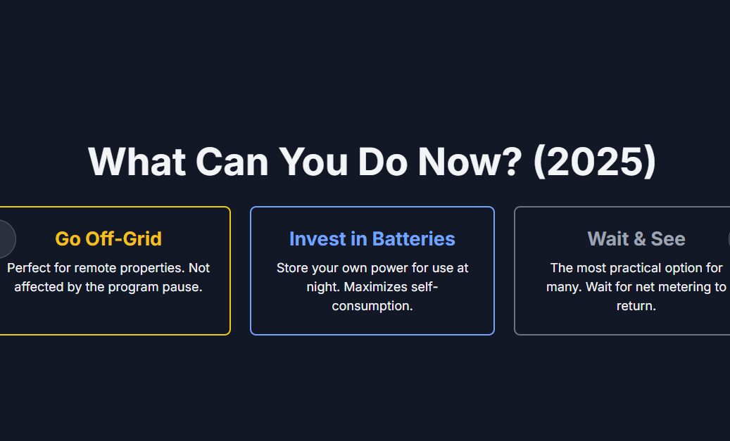 What Can You Do Now? (2025)
Go Off-Grid
Perfect for remote properties. Not affected by the program pause.

Invest in Batteries
Store your own power for use at night. Maximizes self-consumption.

Wait & See
The most practical option for many. Wait for net metering to return.