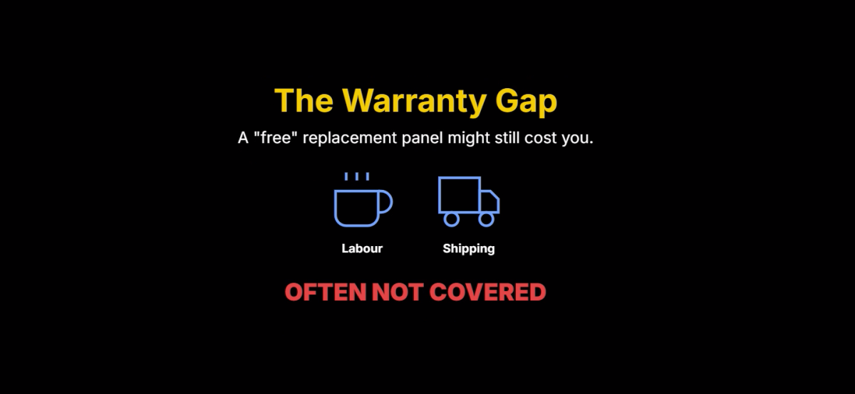 The Warranty Gap A "free" replacement panel might still cost you. Labour Shipping OFTEN NOT COVERED