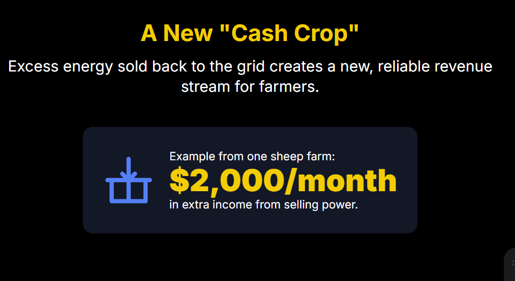 A New "Cash Crop"
Excess energy sold back to the grid creates a new, reliable revenue stream for farmers.
Example from one sheep farm:
$2,000/month
in extra income from selling power.