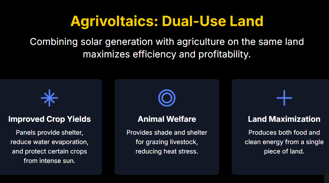 Agrivoltaics: Dual-Use Land
Combining solar generation with agriculture on the same land maximizes efficiency and profitability.
Improved Crop Yields
Panels provide shelter, reduce water evaporation, and protect certain crops from intense sun.
Animal Welfare
Provides shade and shelter for grazing livestock, reducing heat stress.
Land Maximization
Produces both food and clean energy from a single piece of land.