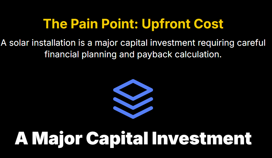 The Pain Point: Upfront Cost
A solar installation is a major capital investment requiring careful financial planning and payback calculation.
A Major Capital Investment