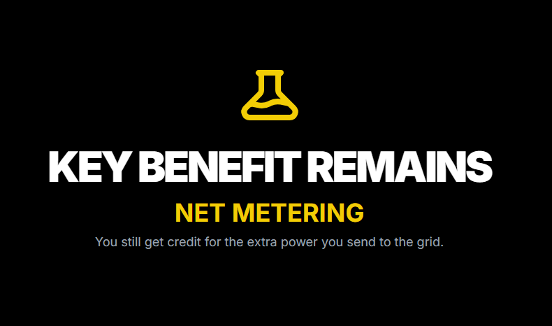KEY BENEFIT REMAINS
NET METERING

You still get credit for the extra power you send to the grid.
