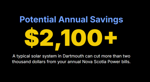 Potential Annual Savings
$2,100+

A typical solar system in Dartmouth can cut more than two thousand dollars from your annual Nova Scotia Power bills.