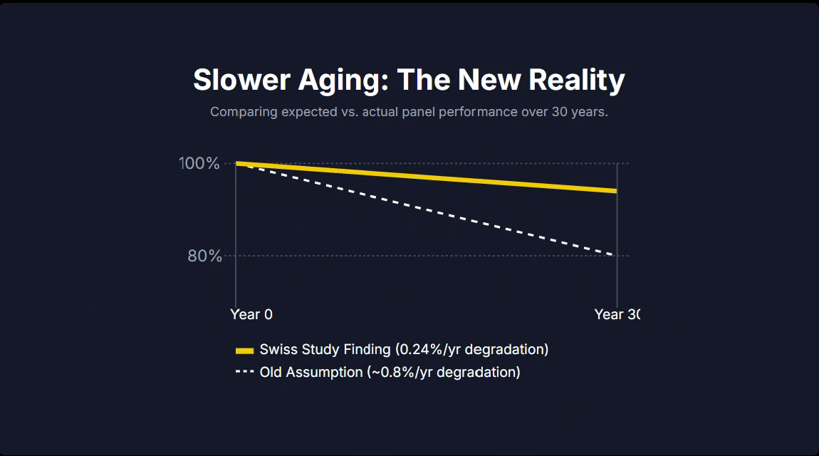 Slower Aging: The New Reality Comparing expected vs. actual panel performance over 30 years.
