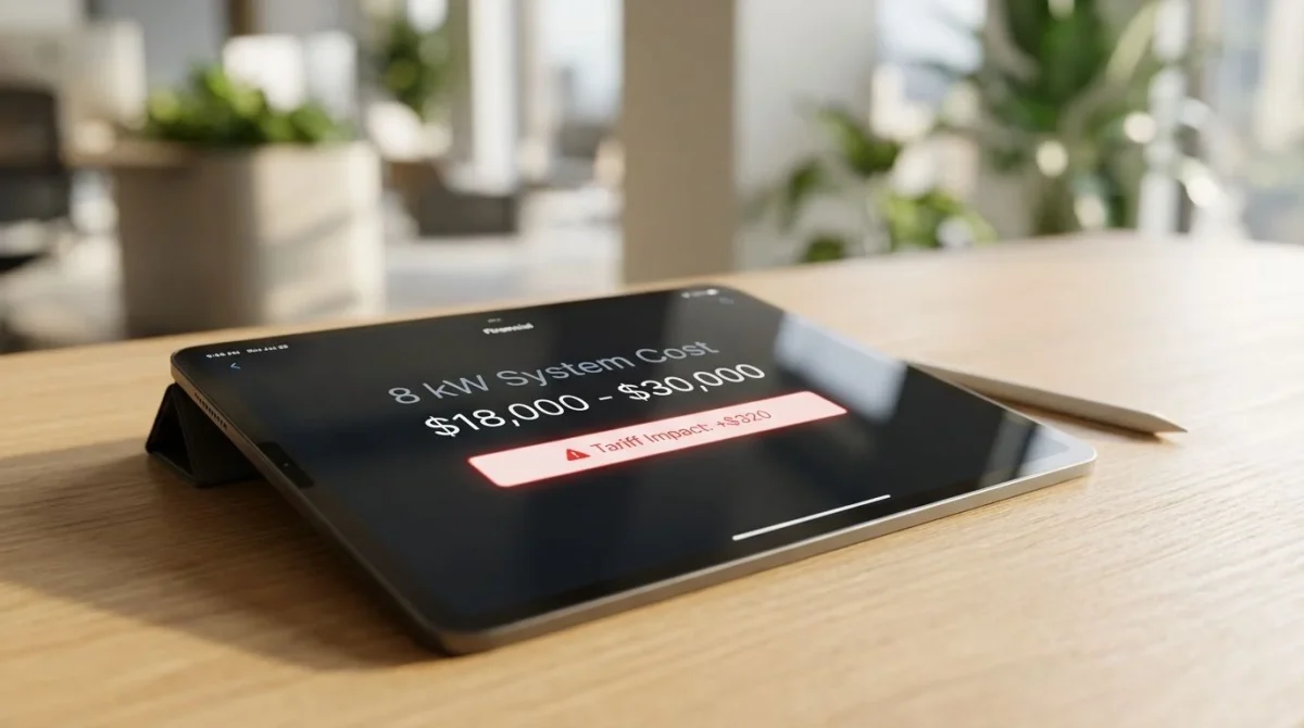 A digital tablet on a desk displaying solar system cost estimates and tariff impacts.