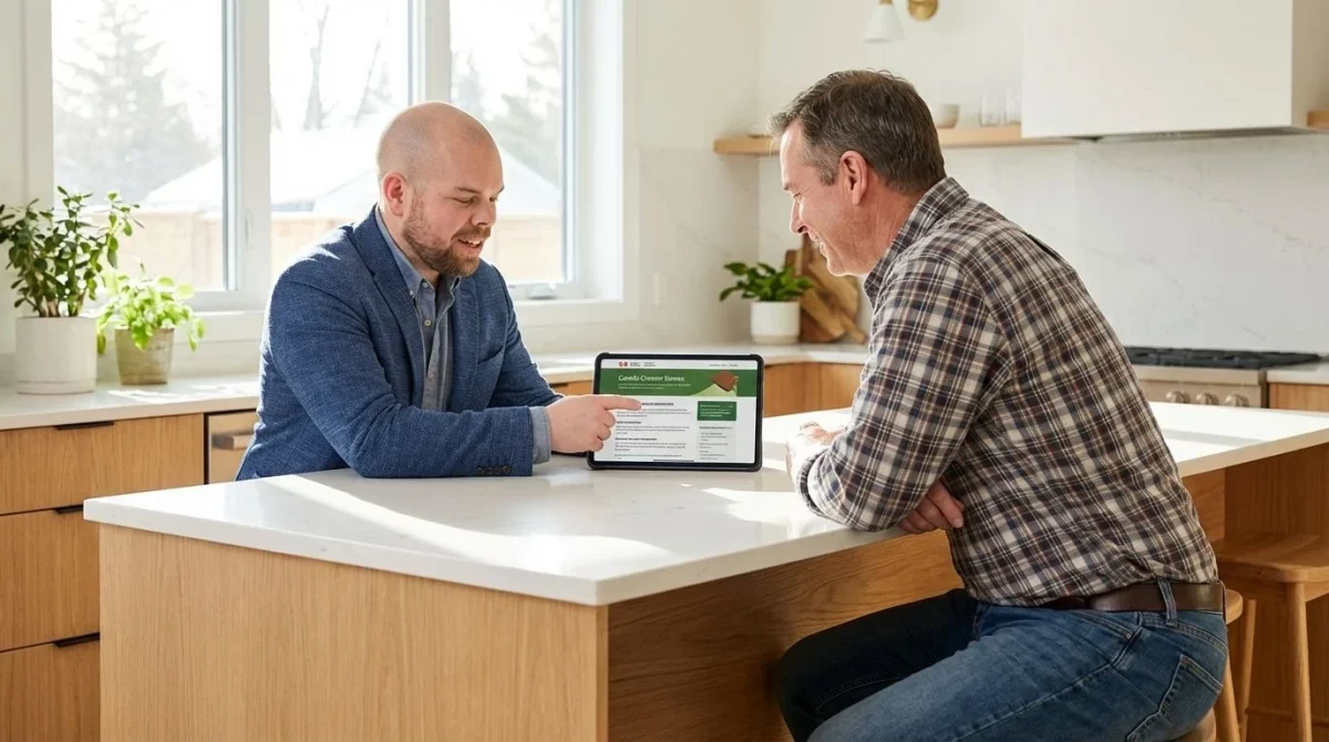 Solar consultant reviewing government rebate documents with a homeowner at a kitchen table.