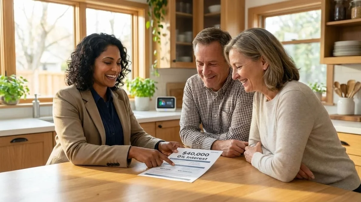 The energy consultant discussing 0% interest financing options with a couple at a kitchen table.