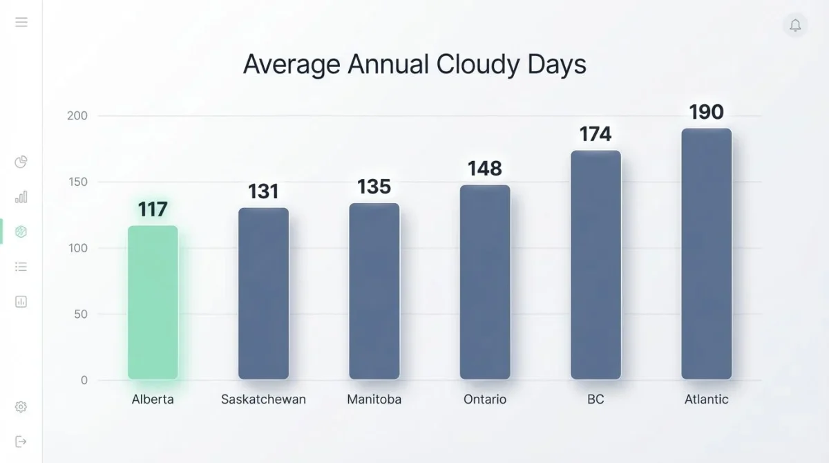 Bar chart comparing average annual cloudy days in Alberta, Saskatchewan, Ontario, and BC.