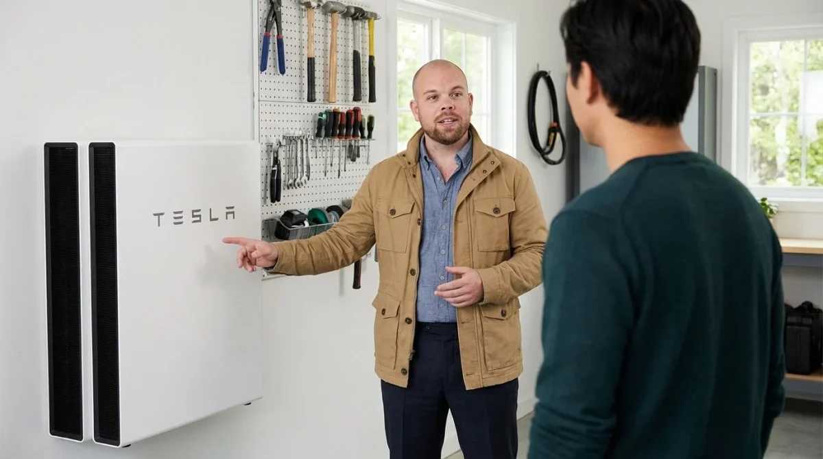 Solar consultant demonstrating a wall-mounted battery storage system to a homeowner.