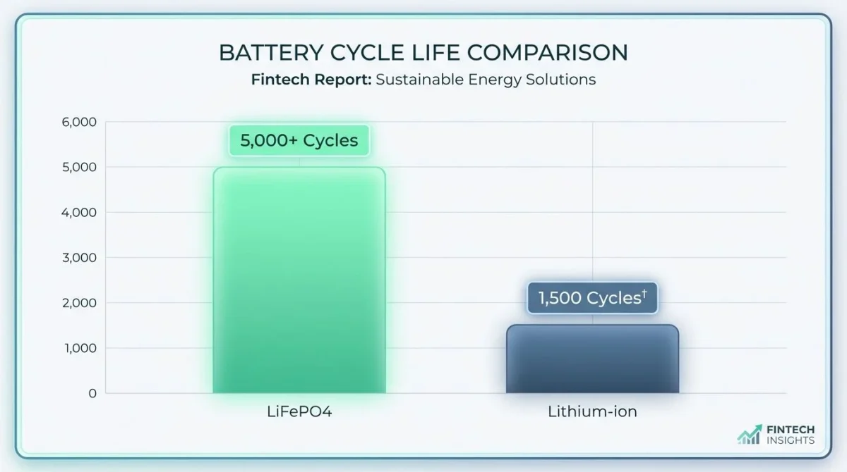 Bar chart comparing the cycle life of LiFePO4 batteries versus standard Lithium-ion batteries.
