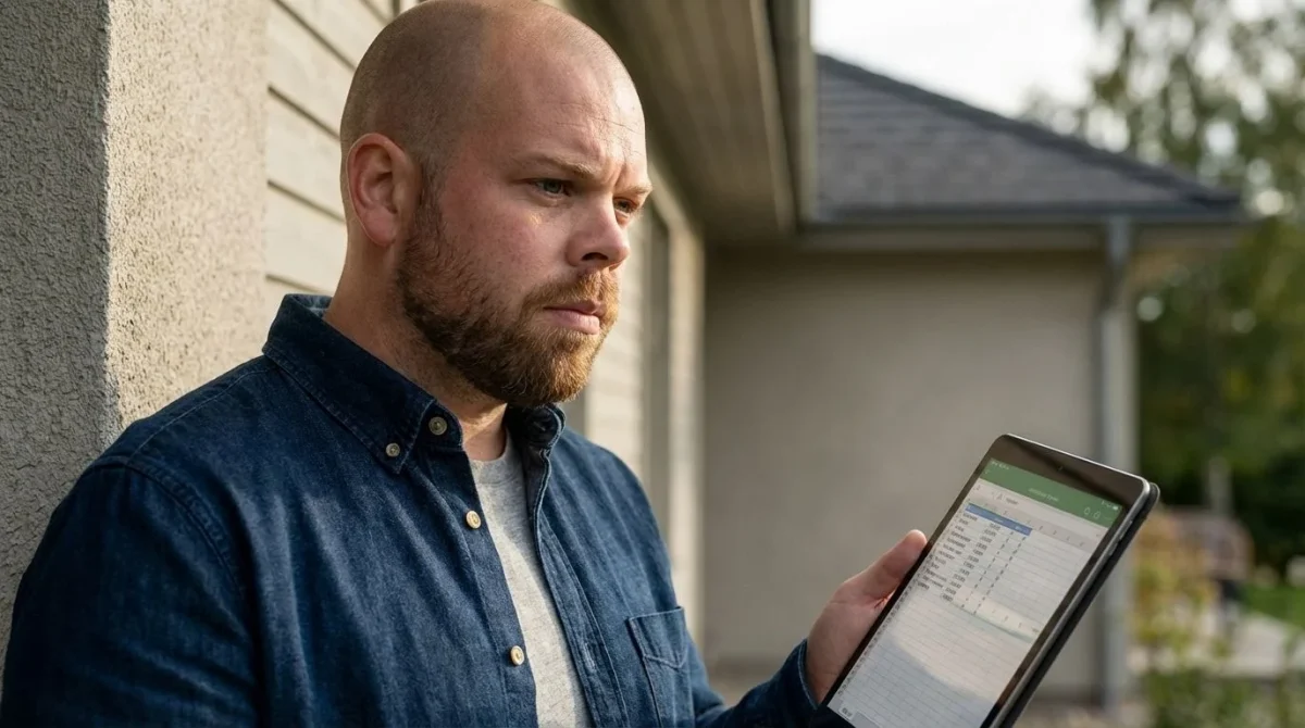 The solar expert reviewing a digital cost estimate on a tablet near a residential home.