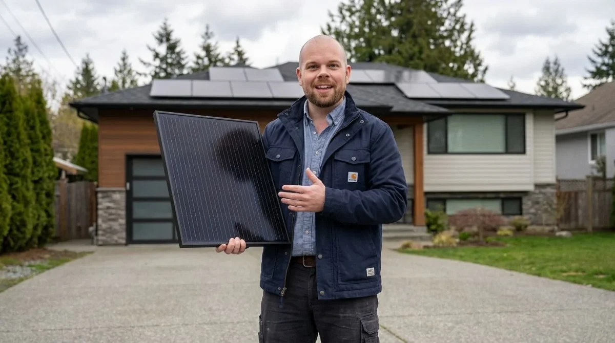 A solar energy expert holding a sleek, all-black BC solar panel in front of a Canadian home.