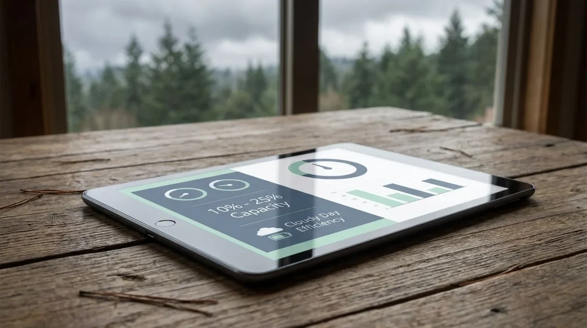 Tablet screen displaying solar panel efficiency statistics for cloudy days.