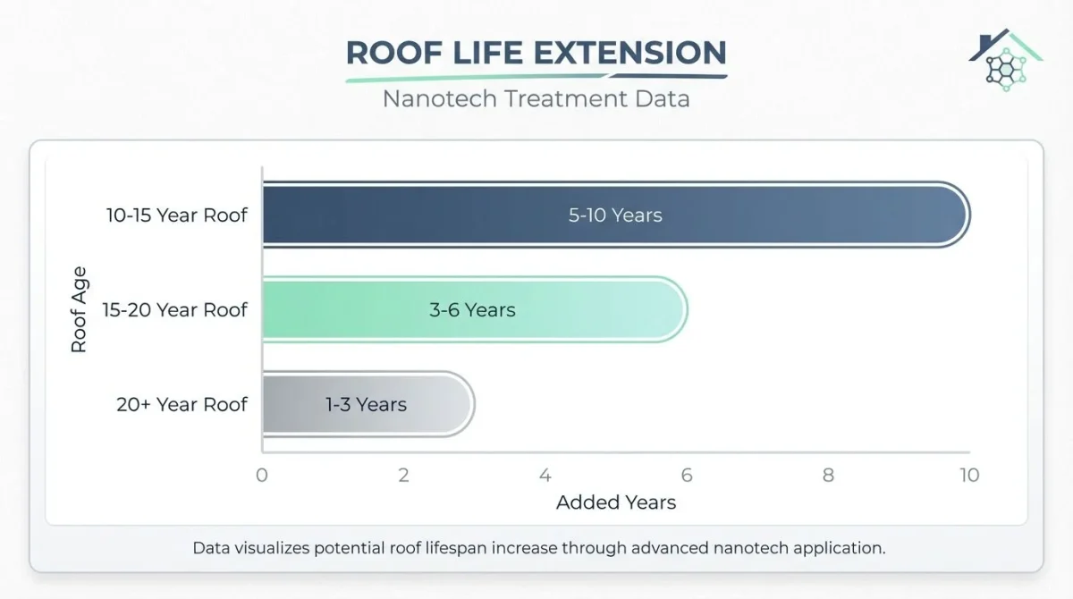 Bar chart illustrating the expected added years to a roof's life based on its current age after nanotech treatment.