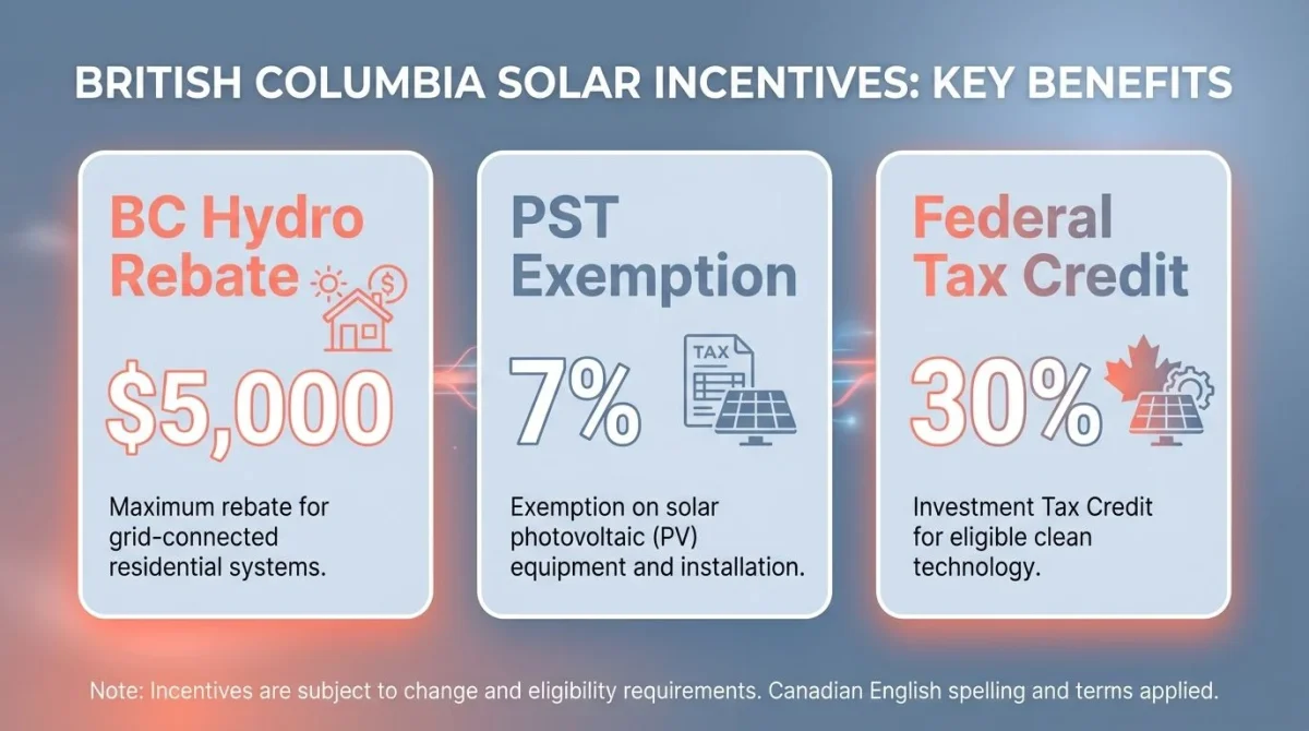 Infographic summarizing financial incentives for solar in BC, including rebates and tax credits.