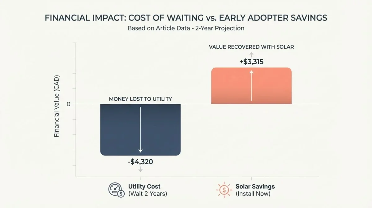 Bar chart comparing the financial cost of waiting versus the savings from installing solar panels now.