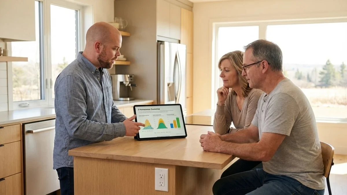 A solar consultant discussing energy scenarios with a homeowner couple at a kitchen table.