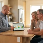 A solar consultant discussing energy scenarios with a homeowner couple at a kitchen table.
