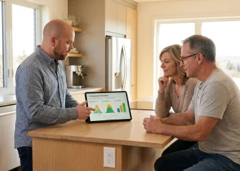 A solar consultant discussing energy scenarios with a homeowner couple at a kitchen table.