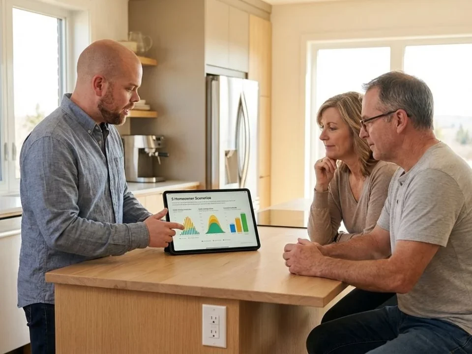 A solar consultant discussing energy scenarios with a homeowner couple at a kitchen table.