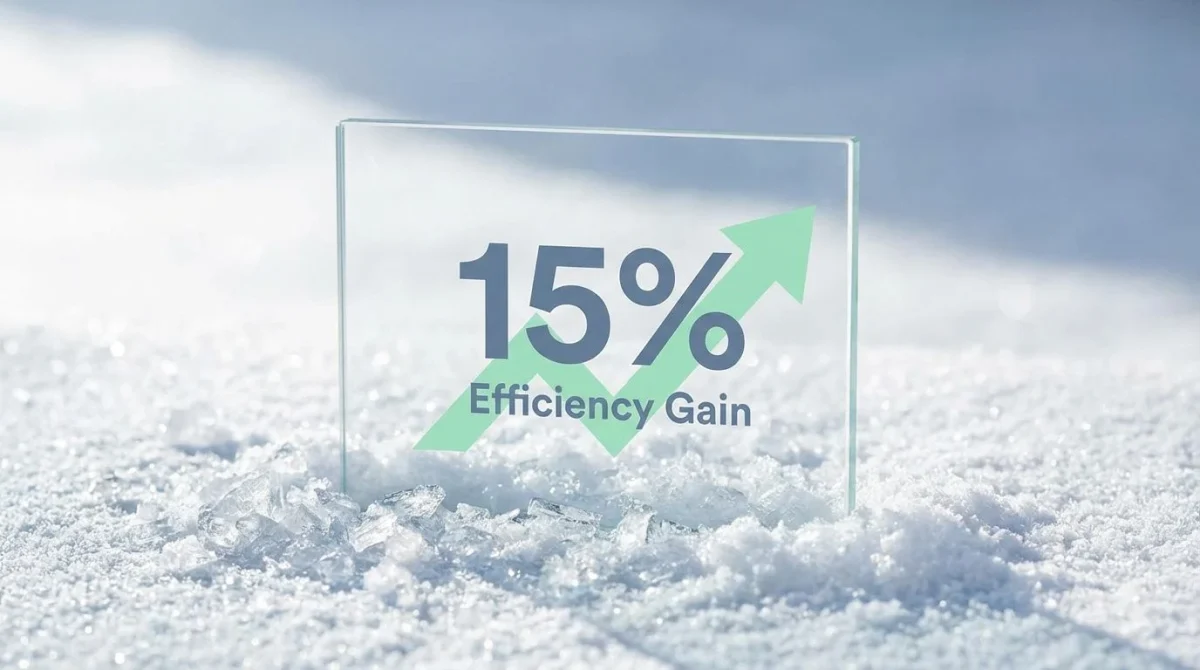 A sleek digital display resting in snow showing a 15% efficiency gain statistic.