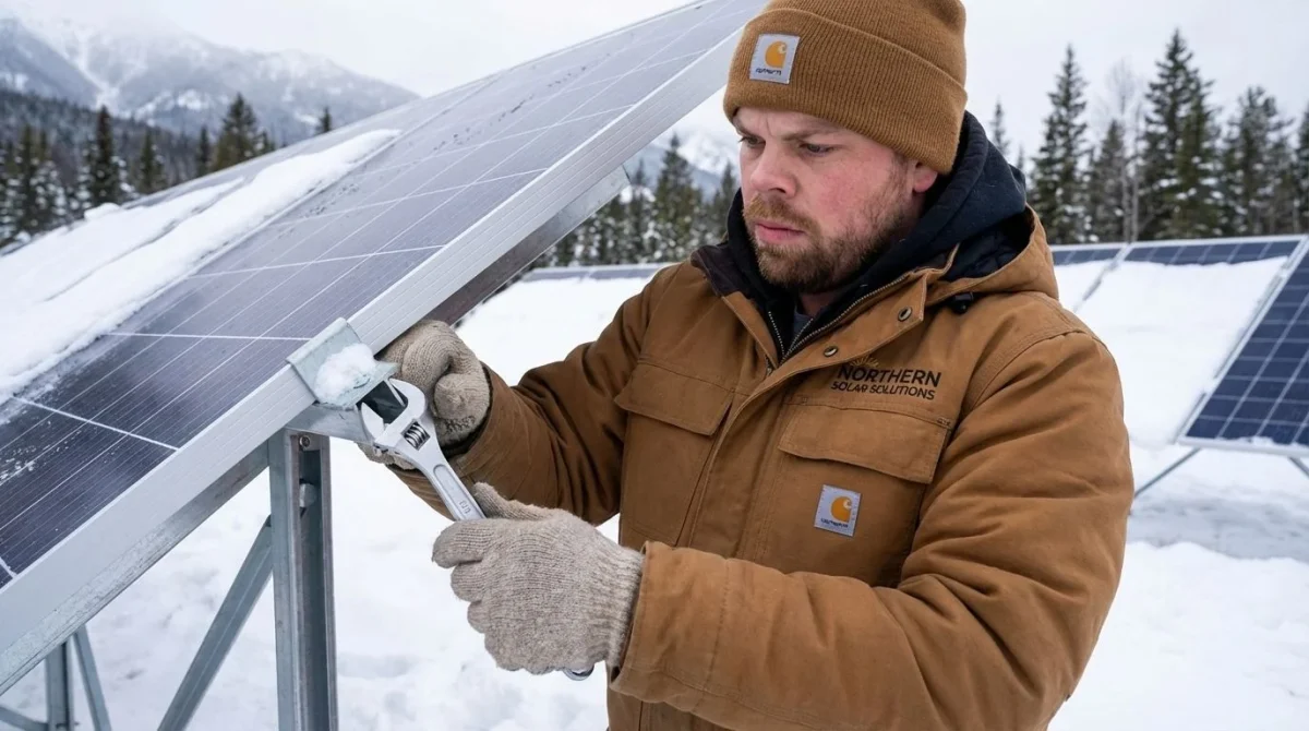 A technician adjusting the tilt angle of a solar panel to help shed snow.