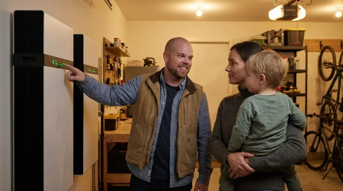 The solar expert explaining the benefits of a backup battery system to a family in their home.