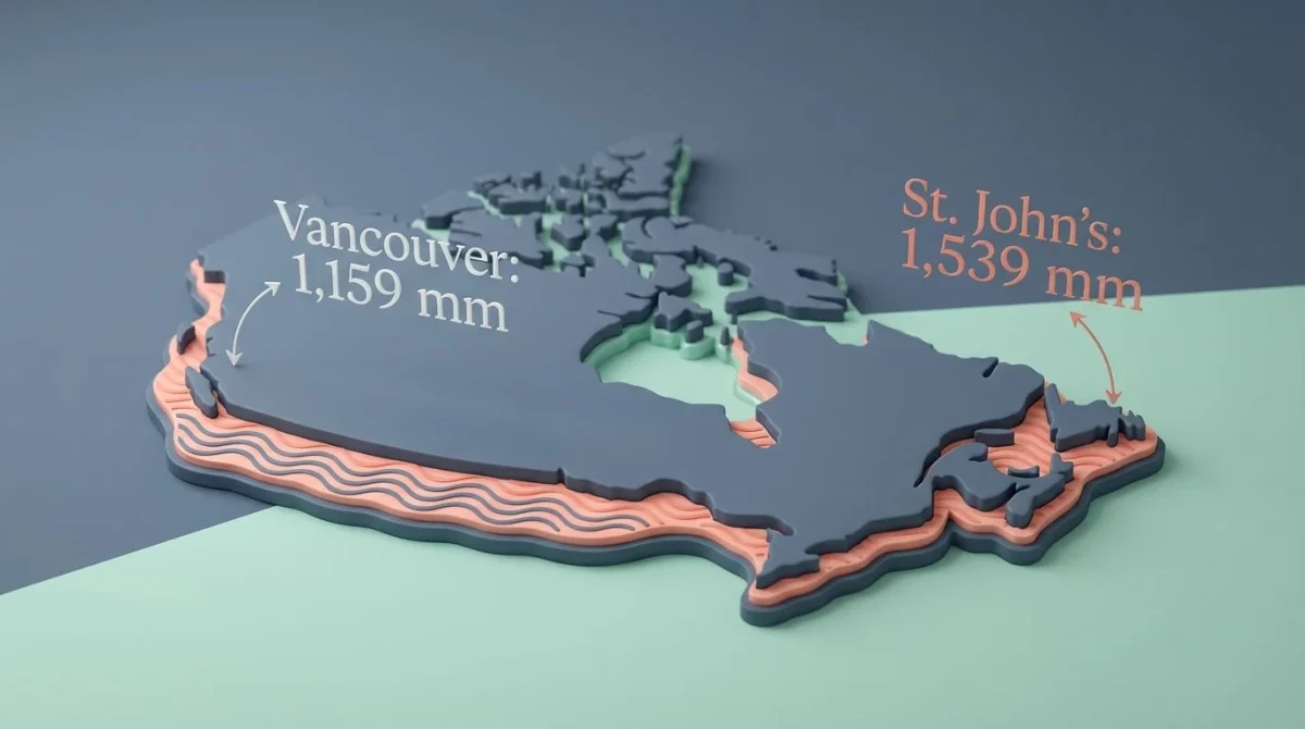 Stylized map of Canada highlighting annual precipitation data for Vancouver and St. John's.