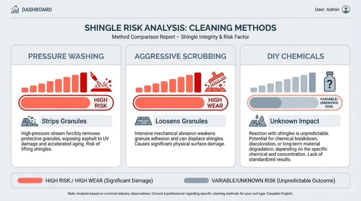 Infographic comparing the risks of pressure washing, scrubbing, and DIY chemicals on asphalt shingles.