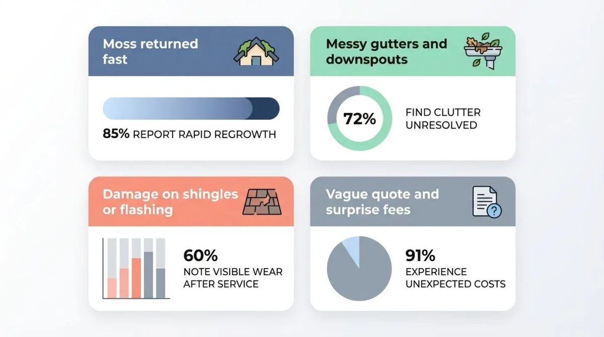 Digital infographic chart listing common homeowner complaints about roof cleaning services.
