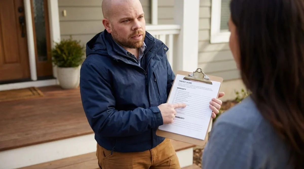 Consultant reviewing a written scope checklist on a clipboard with a homeowner.