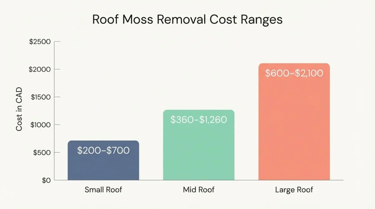 Bar chart comparing estimated total cost ranges for roof moss removal on small, mid, and large roofs.